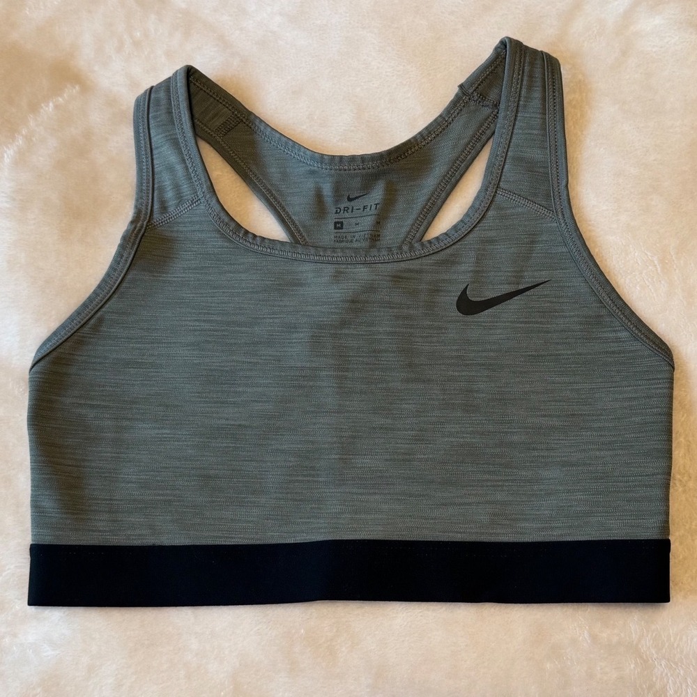 Nike Womens Dri-FIT Swoosh Sports Bra Medium Support Racerback Green Black